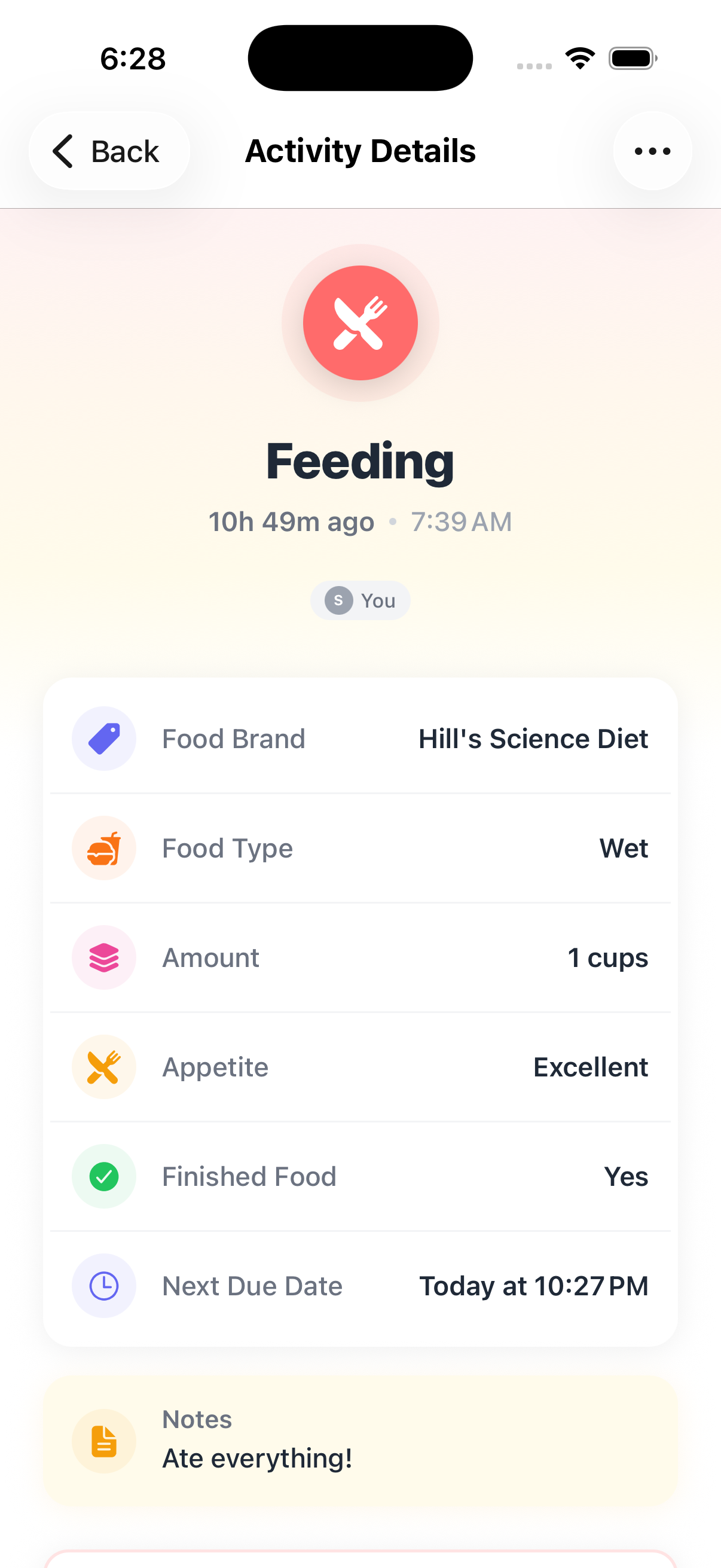 Activity Detail — Feeding, Hill's Science Diet, 1 cup, Ate everything