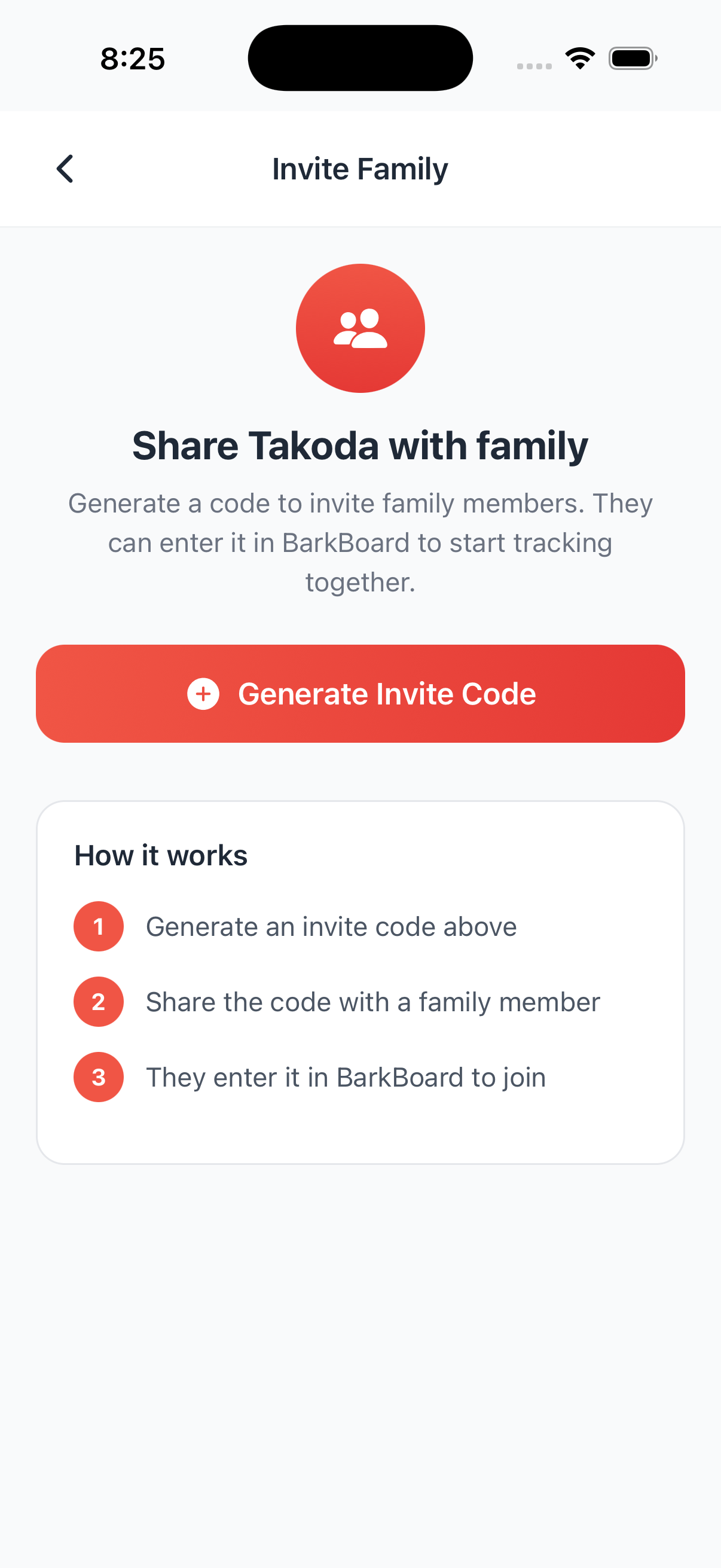 BarkBoard Invite Family — Share Takoda with family, generate code, three-step join flow