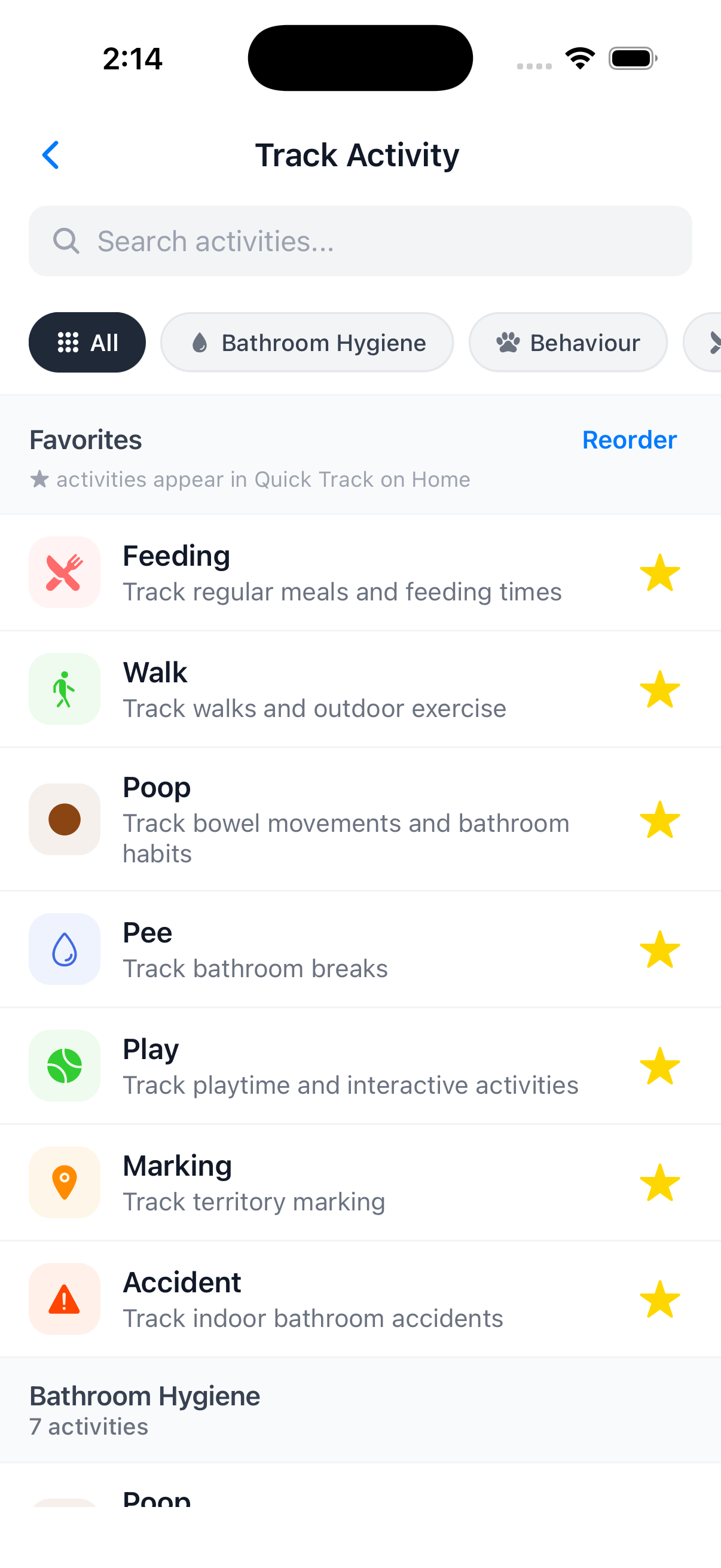 BarkBoard Track screen — one-tap quick-log tiles for Feeding, Walk, Poop, Pee, Play and more, with starred favorites pinned to Quick Track on the home screen