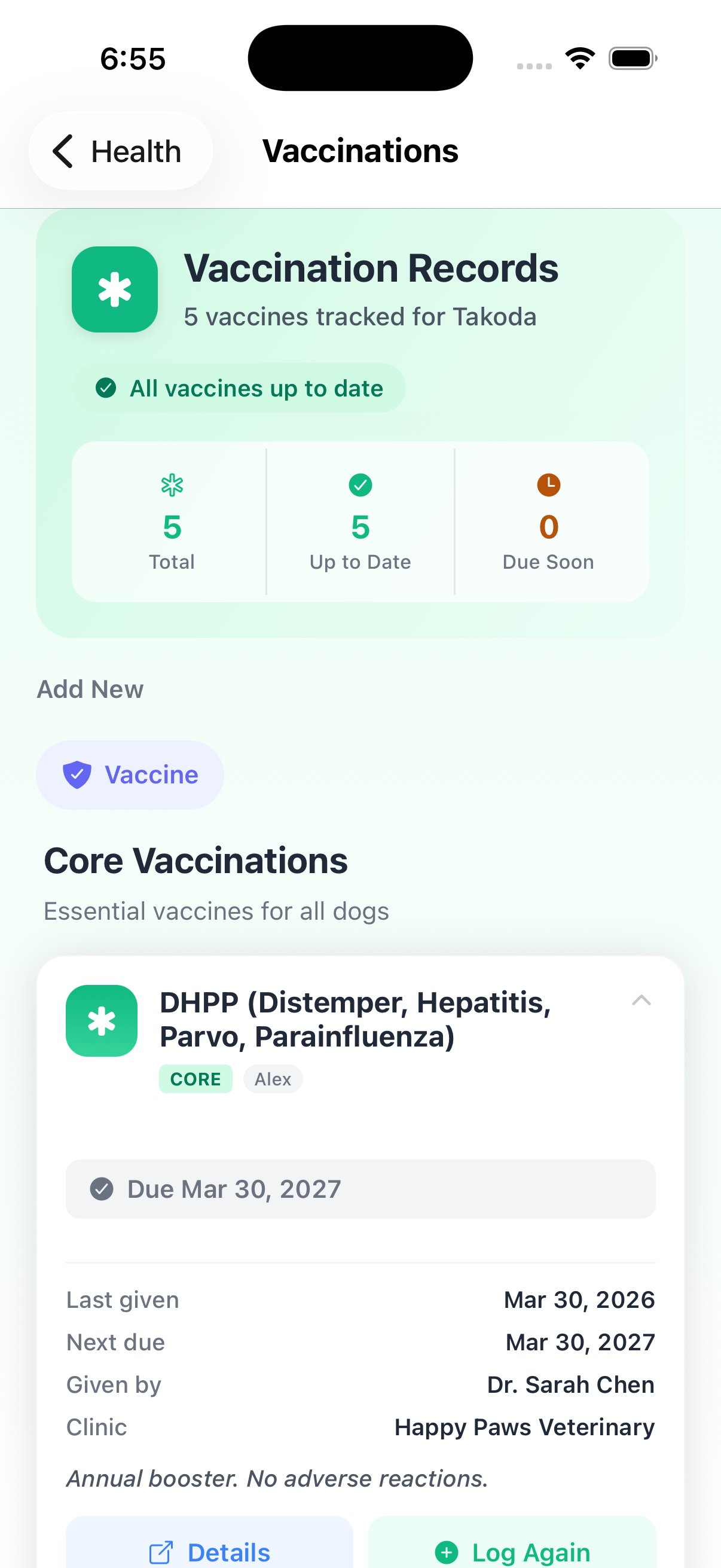 BarkBoard Vaccinations screen — DHPP card with full details, all 5 vaccines up to date
