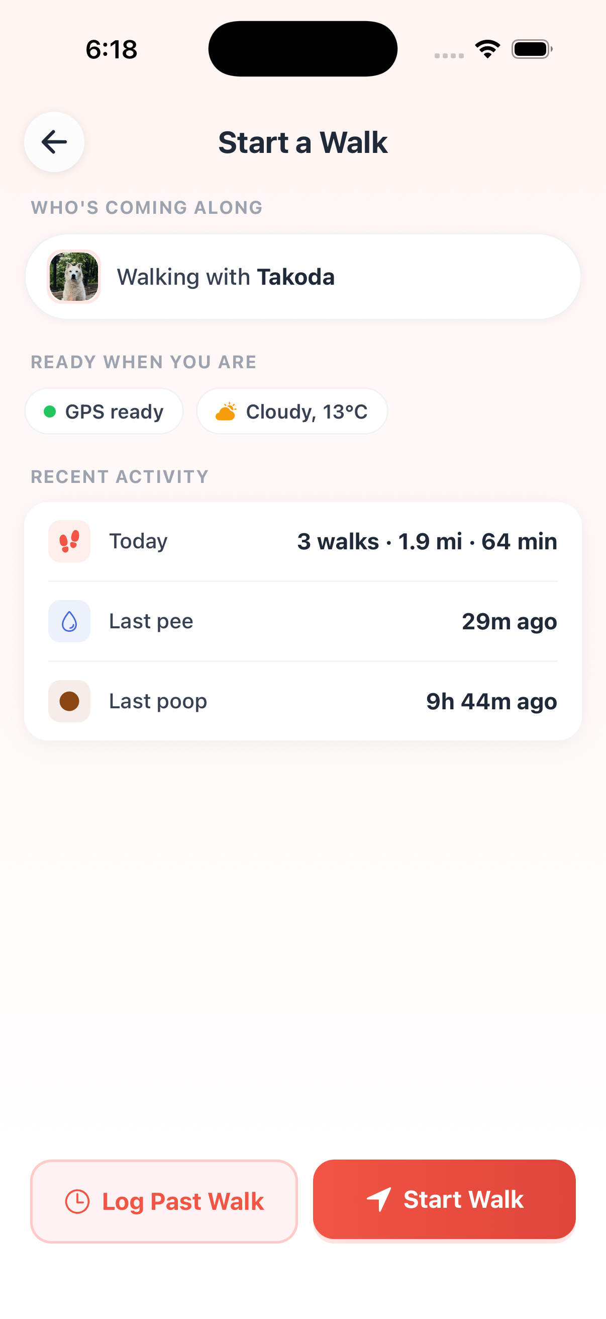 BarkBoard walk-start screen — ready to walk with Takoda, 3 walks today